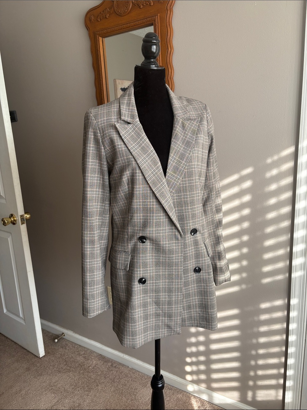 Rachel Zoe Double-Breasted Plaid Blazer in Light Taupe
